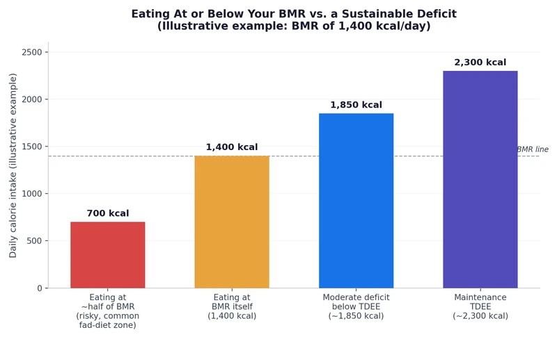 Bar chart comparing eating at BMR versus a sustainable calorie deficit based on TDEE