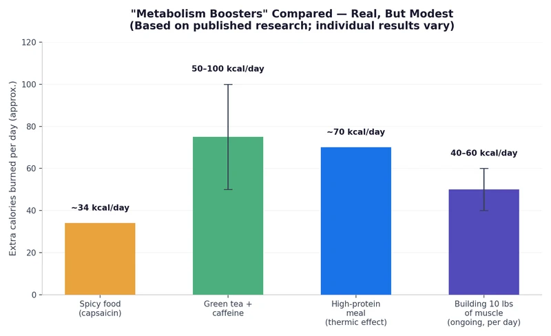 Bar chart comparing calorie effects of spicy food, green tea, protein, and muscle mass on metabolism