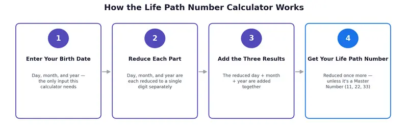 Life path number calculator showing the 4 steps to calculate your life path number