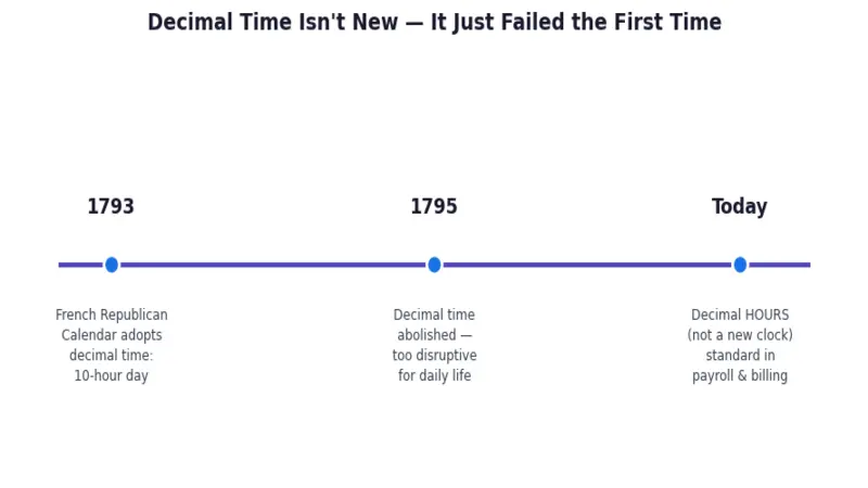 minutes to decimal hours history timeline — French Revolution to modern payroll