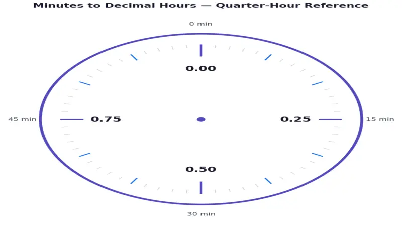 minutes to decimal hours quarter reference clock chart